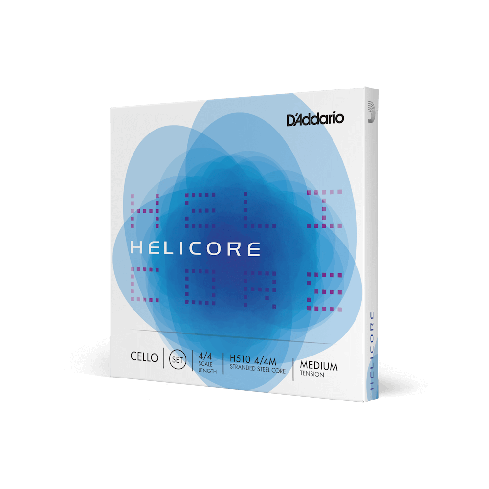 Box of a set of Helicore cello strings in blue and white branding