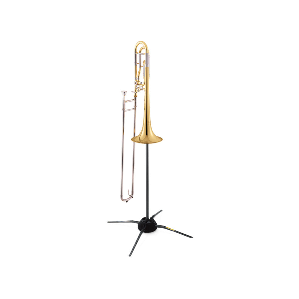 Hercules DS420B Travlite Trombone Stand set up with a trombone resting on it