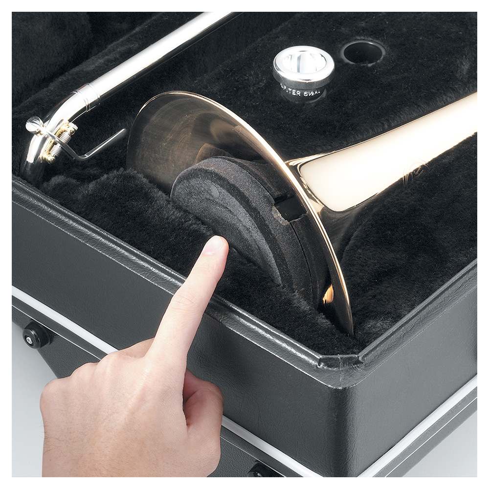 Hercules DS420B Travlite Trombone Stand fit inside the bell of a trombone that's in its case