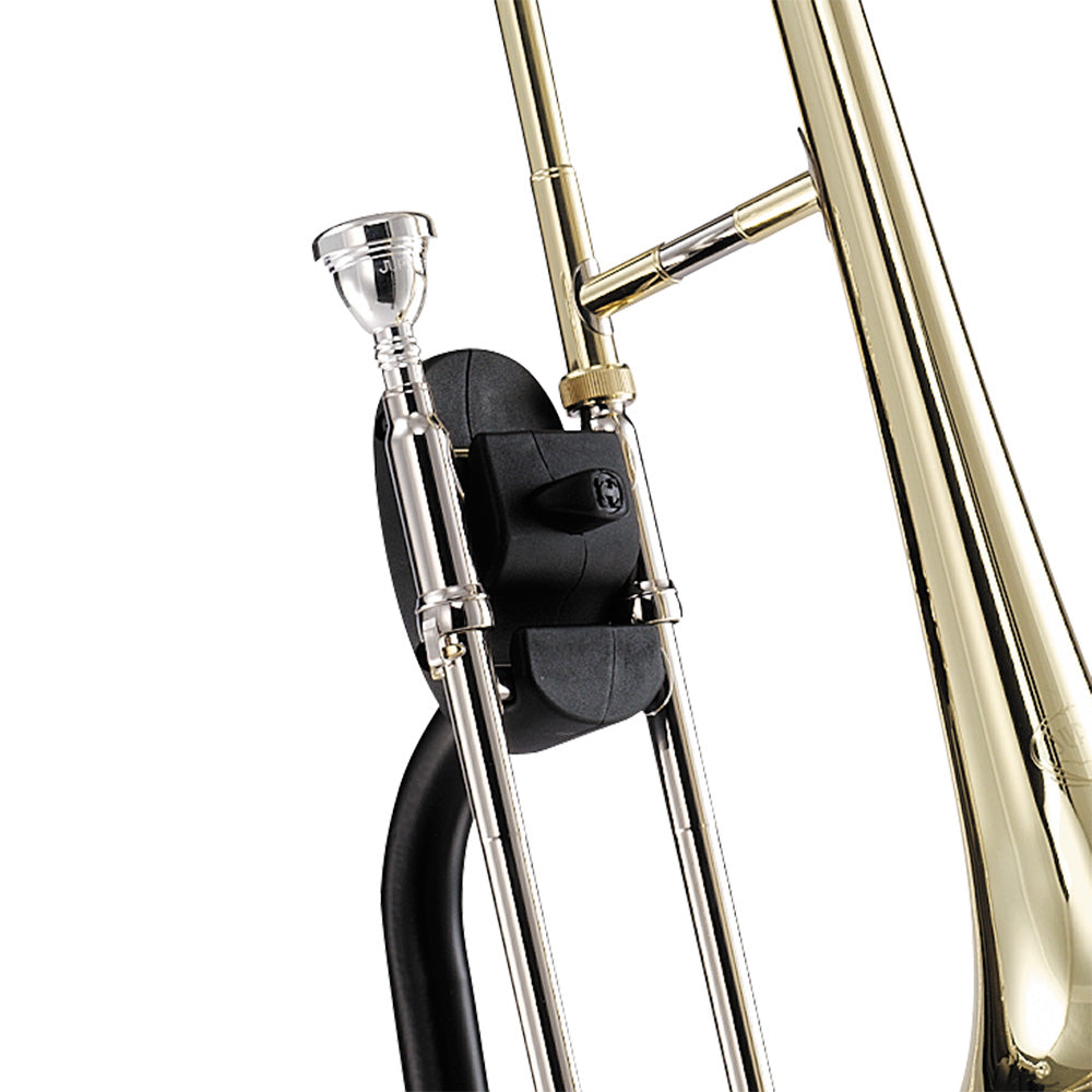 Hercules DS520B Trombone Stand - a close up on the place where the trombone attaches with a trombone in it