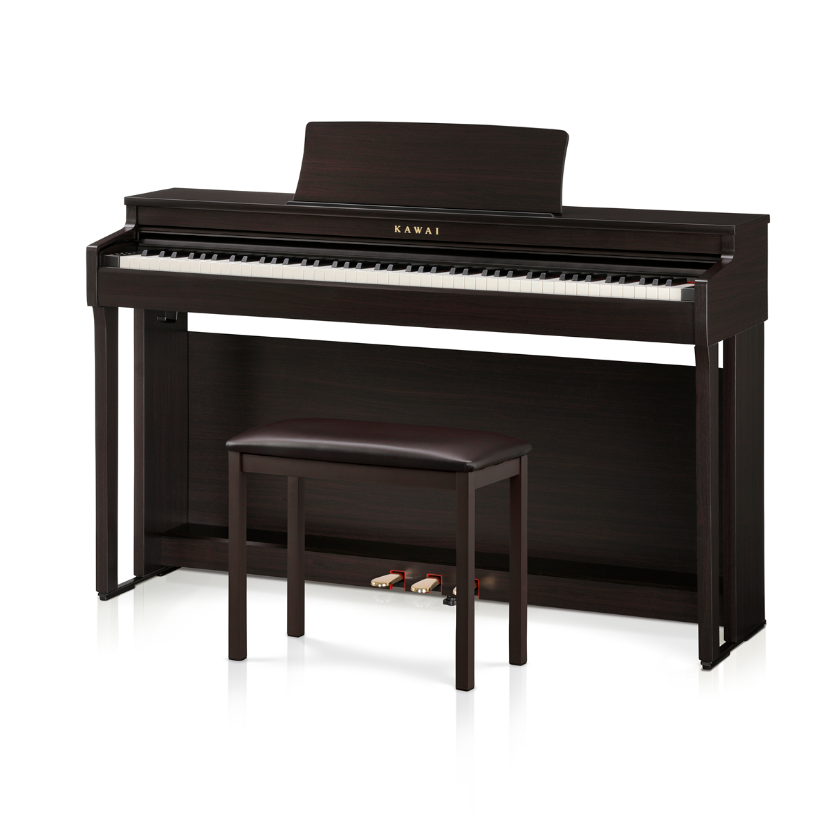 Rosewood kawai CN201 digital piano with bench on a white background