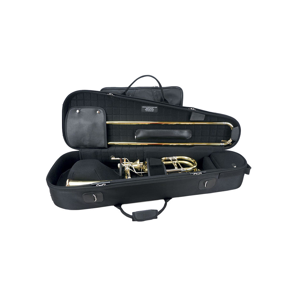 Marcus Bonna Bass Trombone Case - Detachable Bell - Black Nylon - Sitting open with a trombone in it