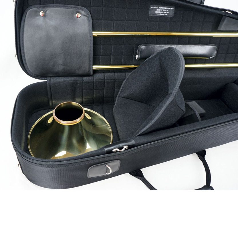 Marcus Bonna Bass Trombone Case - Detachable Bell - Black Nylon - the detachable bell in the case with its fitted cover lifted up