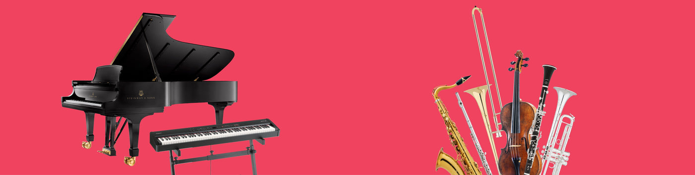 Piano and band and orchestra instruments displayed for an Omaha moving event