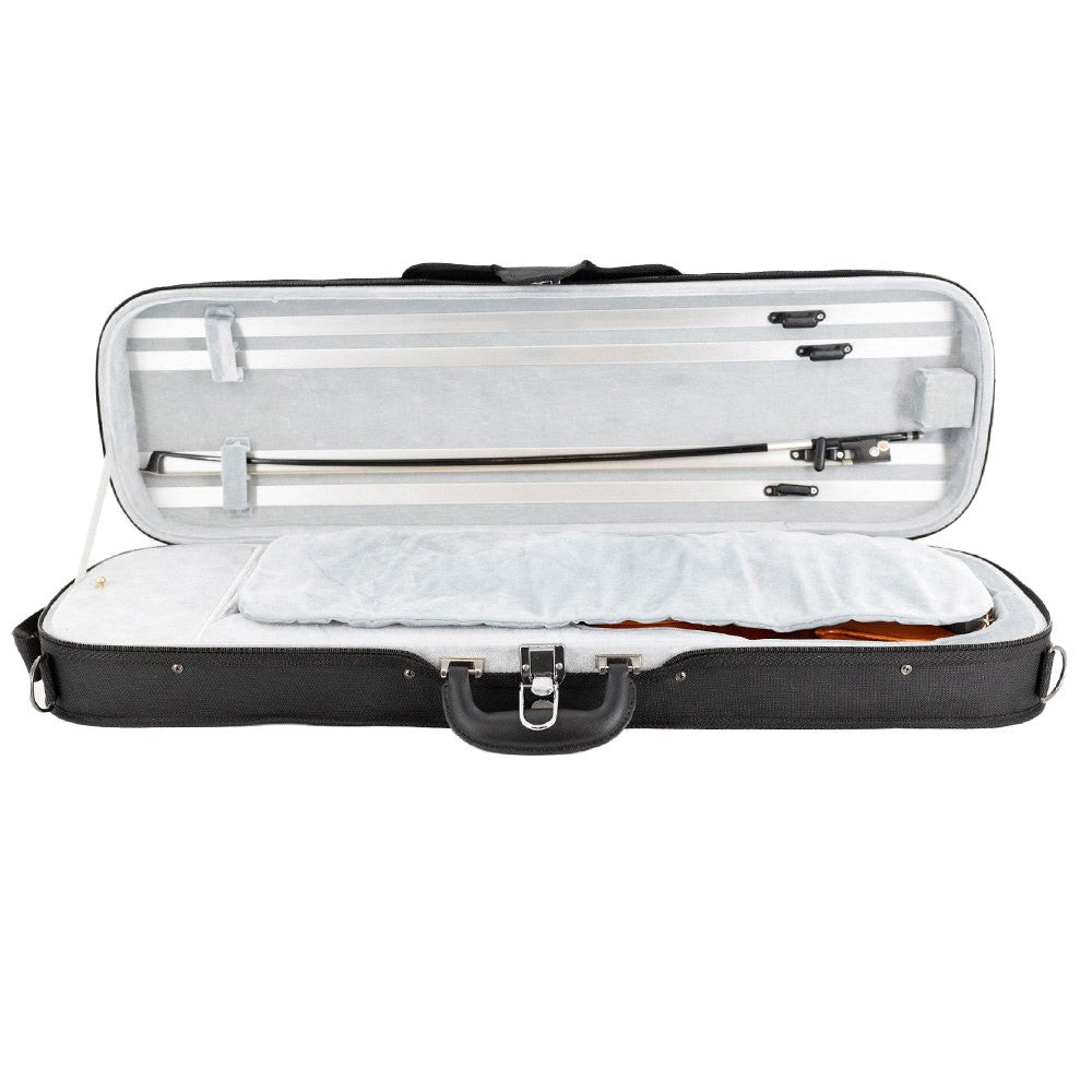 Paul A Schmitt Violin & Viola Case - open, with the blanket sitting over the violin