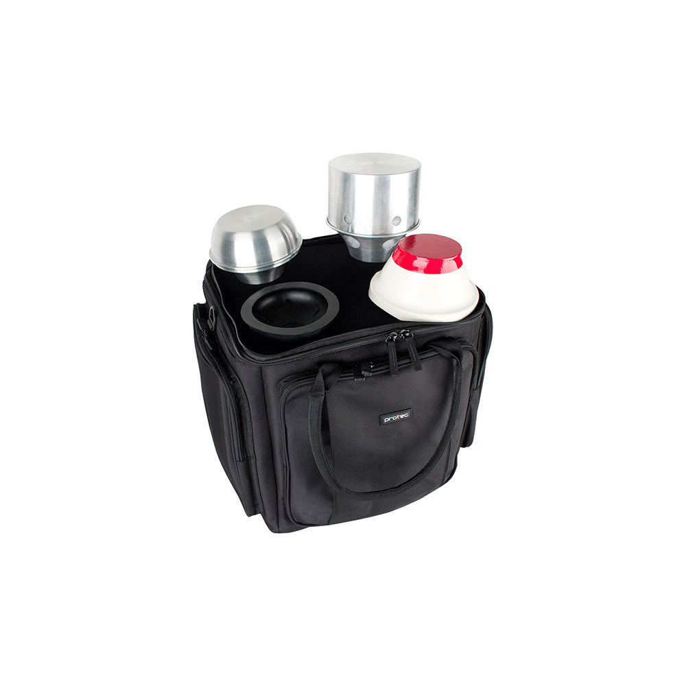 Protec M406 4-Pack Tenor Trombone Mute Bag - open with mutes inside being held in accessible position via the secondary lid