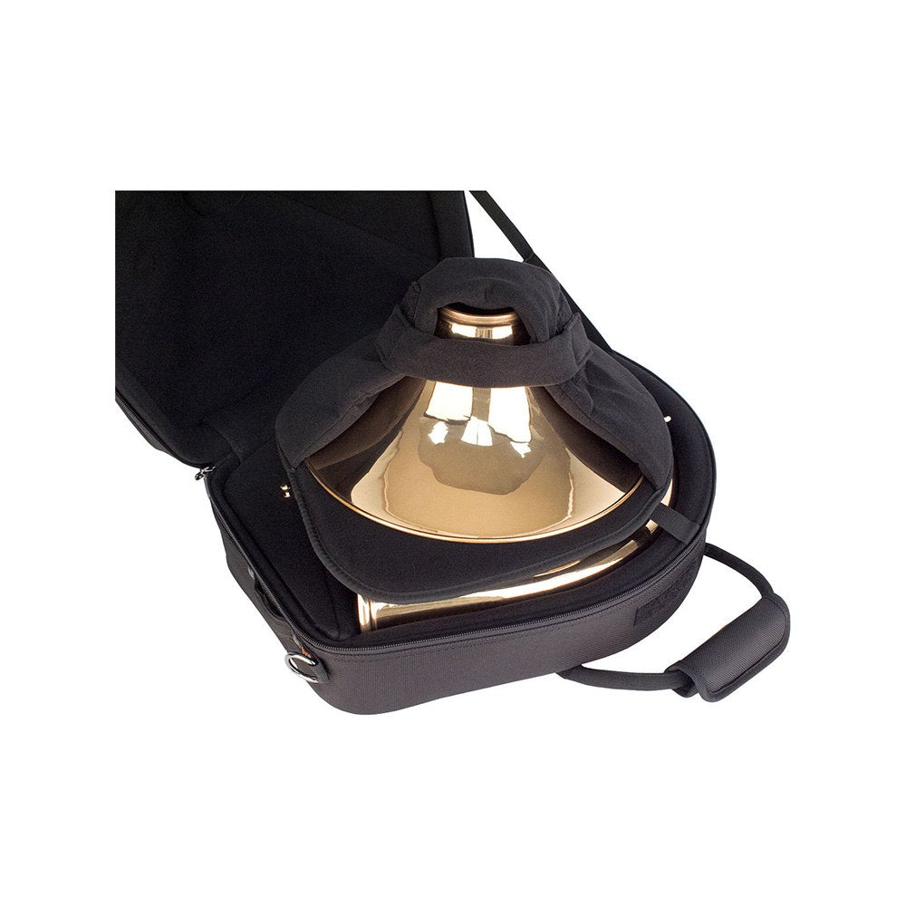 The Protec Pro Pac IP316SB IPAC Series Crew Bell french horn case sitting open with a french horn and its screw bell stored inside the case.