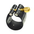 The Rovner Dark 3R Baritone saxophone ligature. A leathered cloth material with a brass screw for tightening.