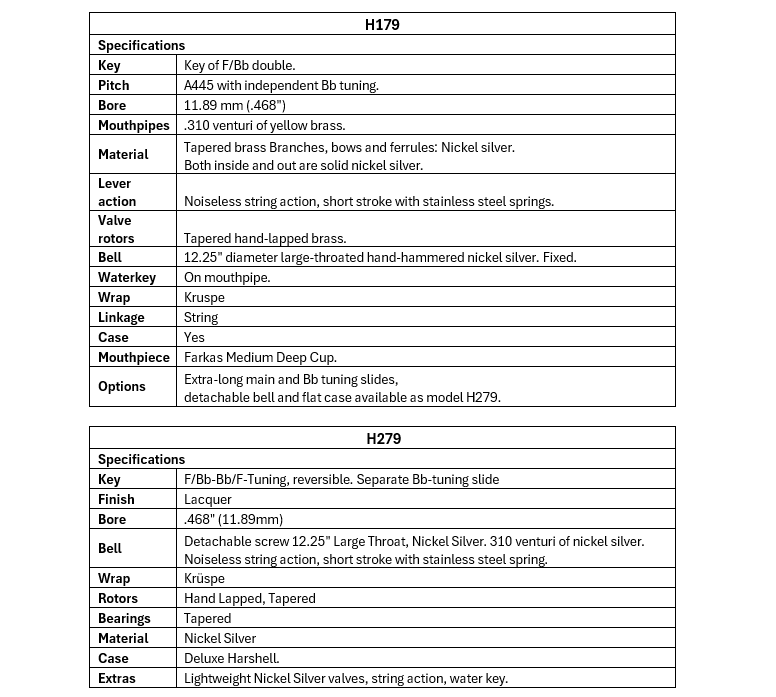 Holton H179/H279 Farkas Double Horn, Kruspe Wrap Specs