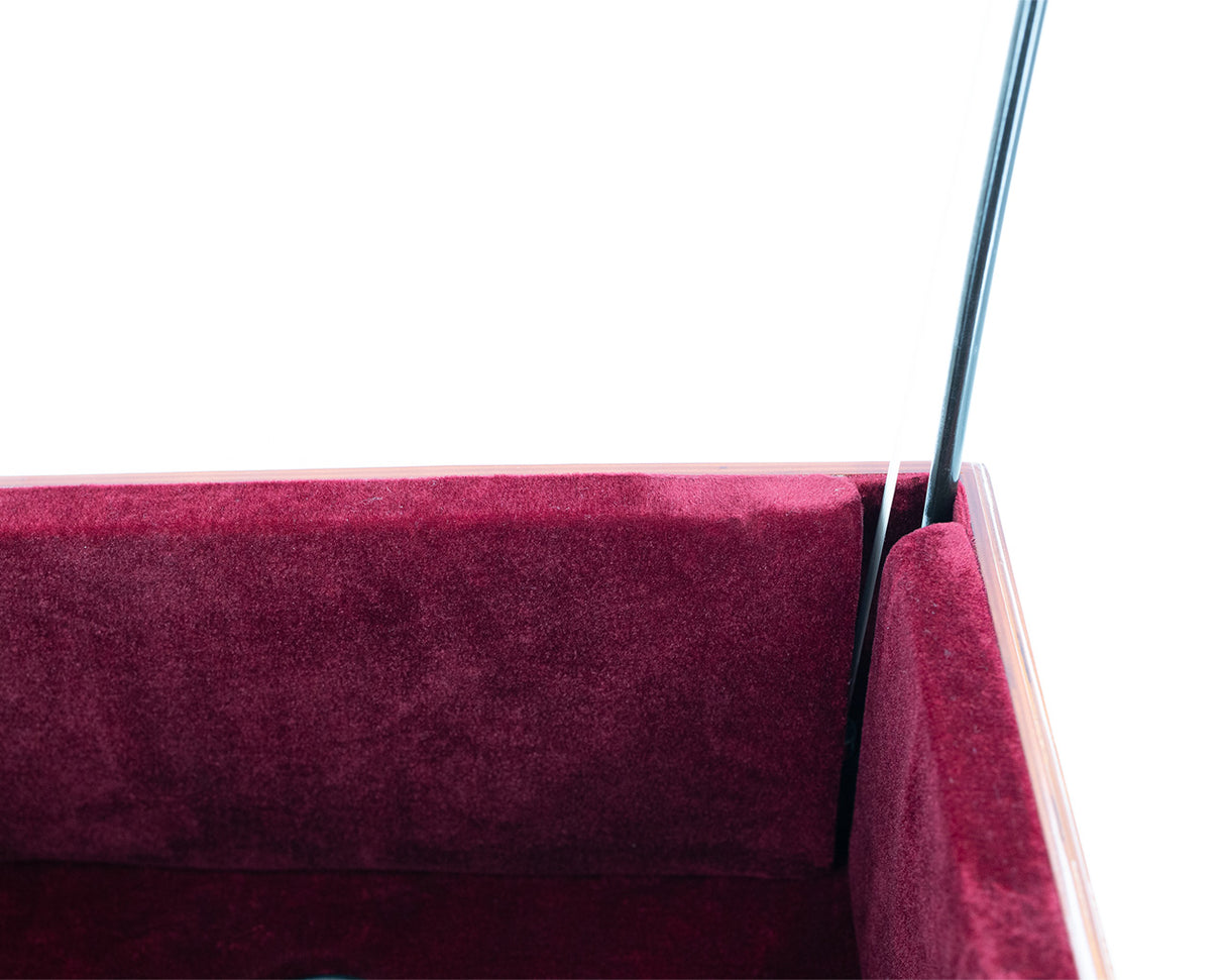 Wooden Cello Box Stand - zoomed in on where the bow fits into the bow slot