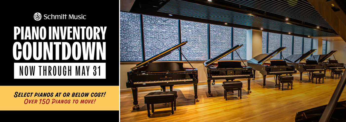 Grand pianos next to a black sidebar for the Piano Inventory Countdown: 150+ pianos to move through May 31.