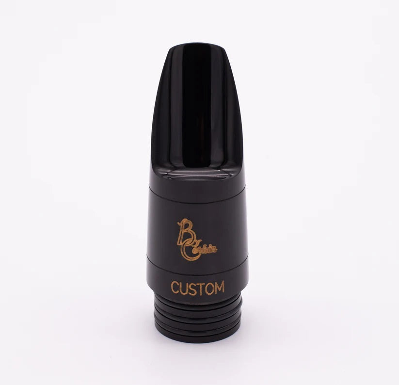The B. Corbin Custom Bass Clarinet Mouthpiece with golden yellow engraving of brand logo