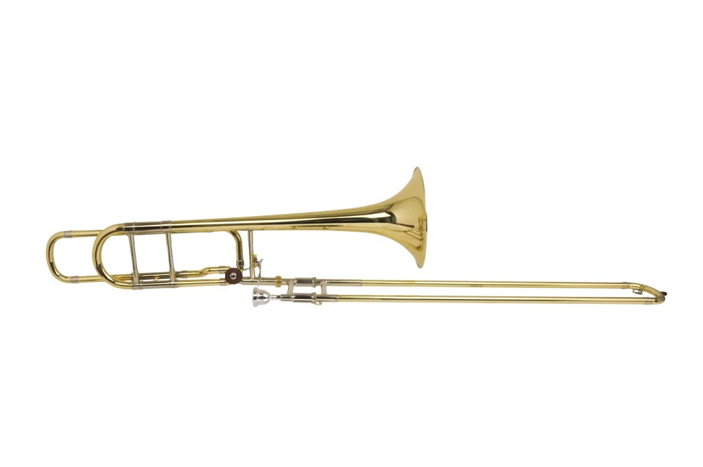 Bach 36BO Medium Bore Tenor Trombone - sitting sideways, full view