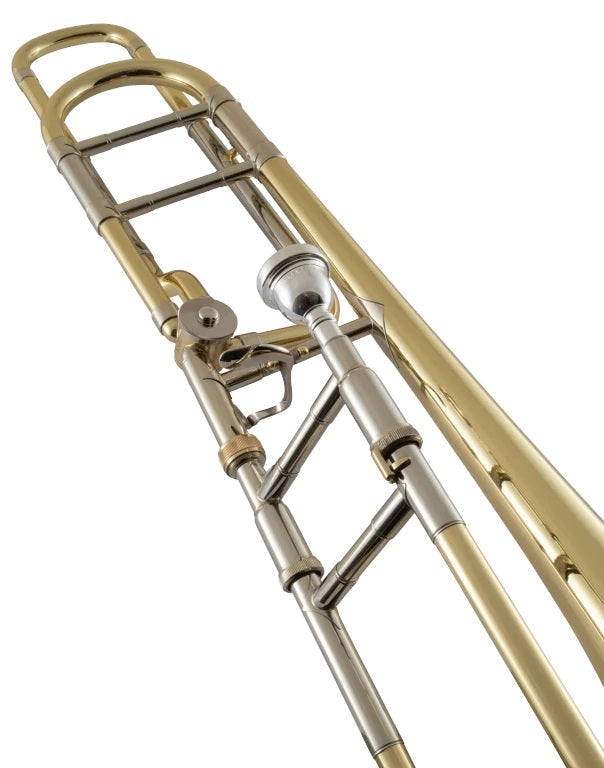 Bach 36BO Medium Bore Tenor Trombone - angled view of mouthpiece receiver and tuning slide wrap