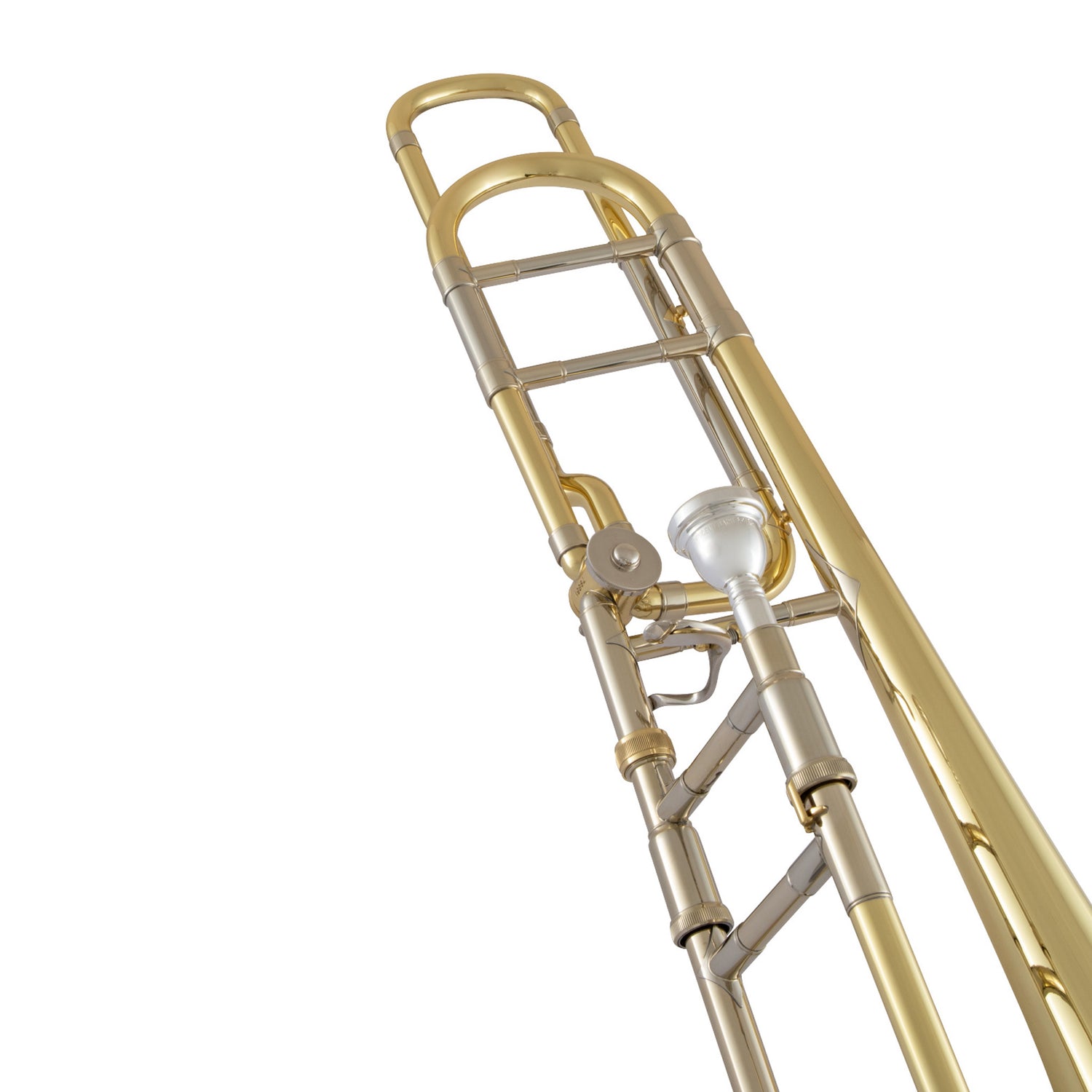 Bach 42BO Large Bore Tenor Trombone - a close up of the slide braces, slide receiver, and mouthpiece receiver