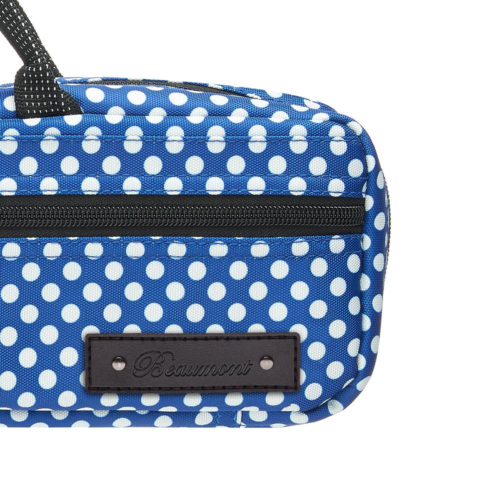 A close up on the Beaumont Flute Blue Polka Dot C-Foot Carry Case