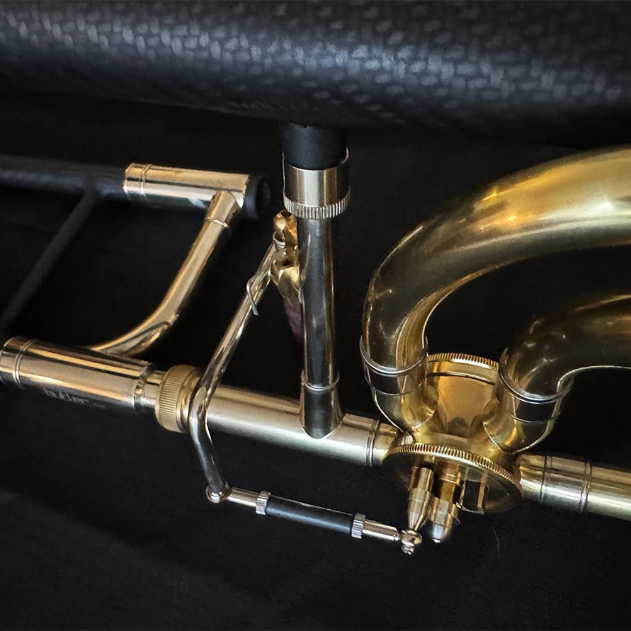 Butler C10 Large Bore Tenor Trombone - close up of bell brace and trigger valve