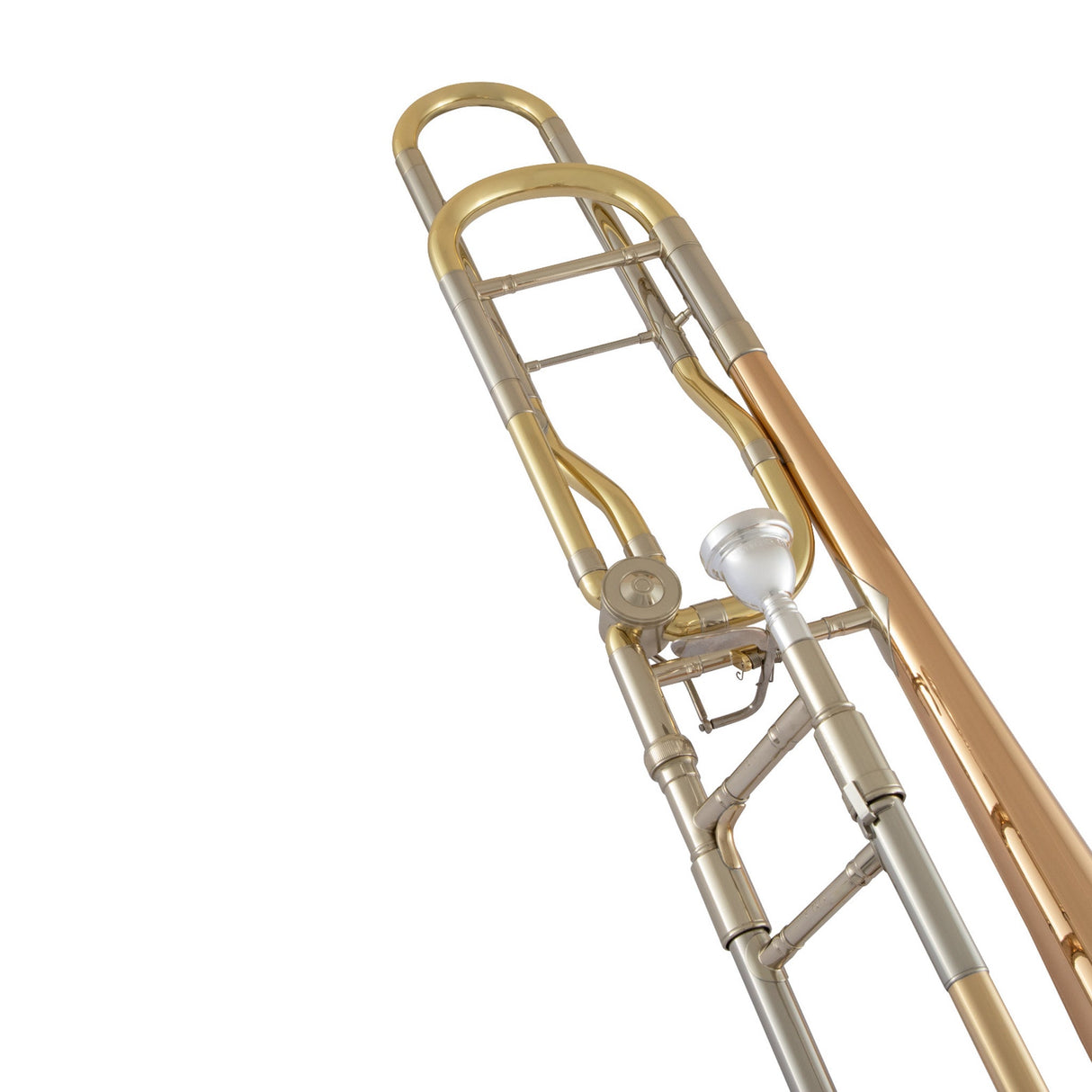 Conn 88HO Large Bore Tenor Trombone Rose Brass - close up of the slide braces, slide receiver, and bell section
