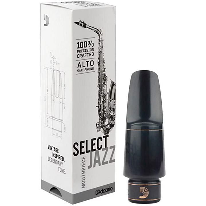 A D'Addario Select Jazz alto saxophone mouthpiece next to its box