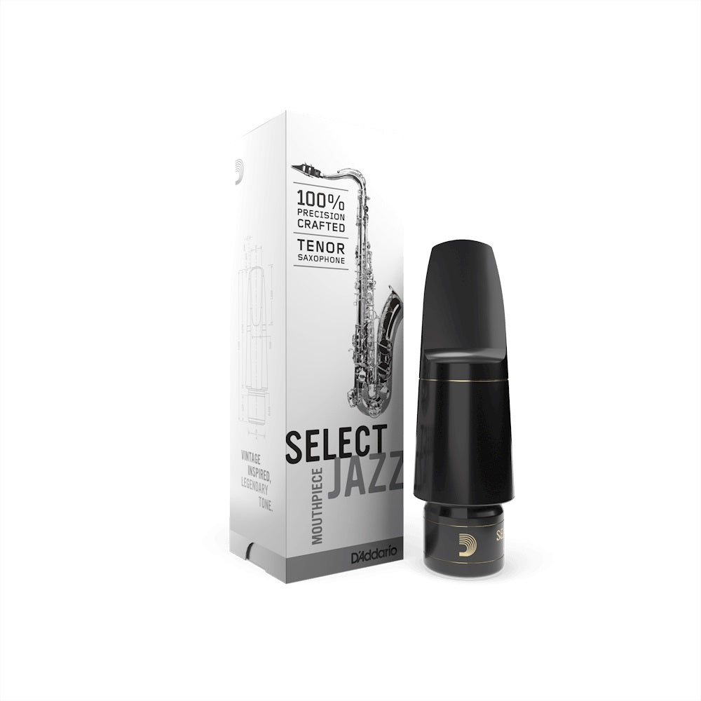 A D'Addario Select Jazz tenor saxophone mouthpiece next to its box