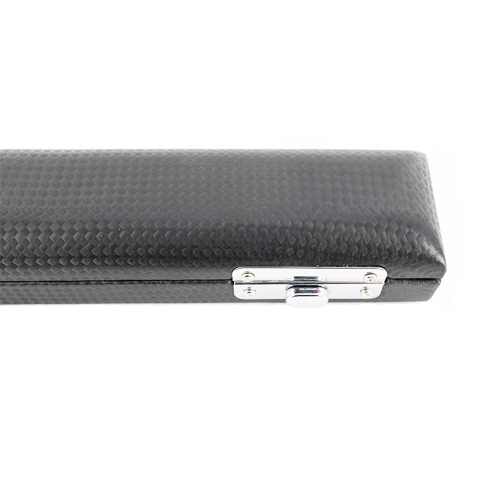 Di Zhao Wood Headjoint Case - close up on the closed latch and the exterior,  carbon fiber weave is seen in detail