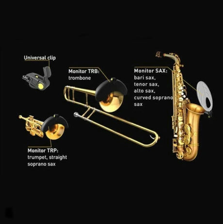 A saxophone, trumpet, and trombone with a Jazzlab Sound Deflector attached to them.