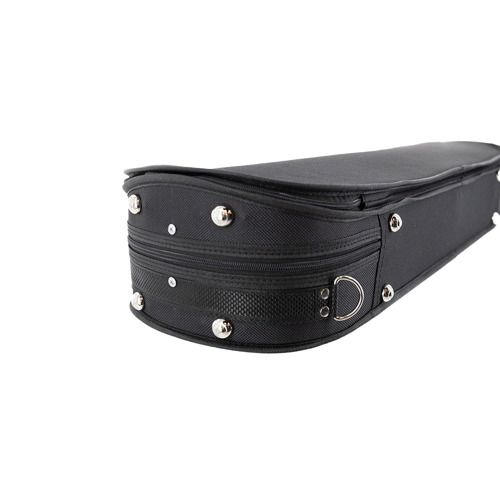 Lake City Oblong 4/4 Violin Case - Black with grey interior - view of metallic buttons on the bottom