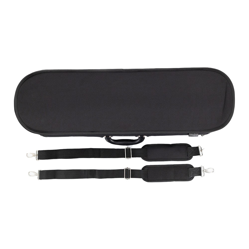 Lake City Oblong 4/4 Violin Case - Black with grey interior - view from top with shoulder straps laid out