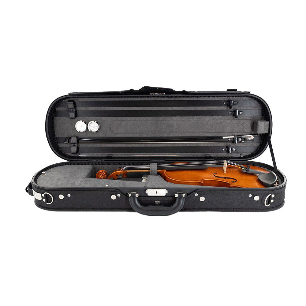 Lake City Oblong 4/4 Violin Case - Black with grey interior - violin sitting in side it