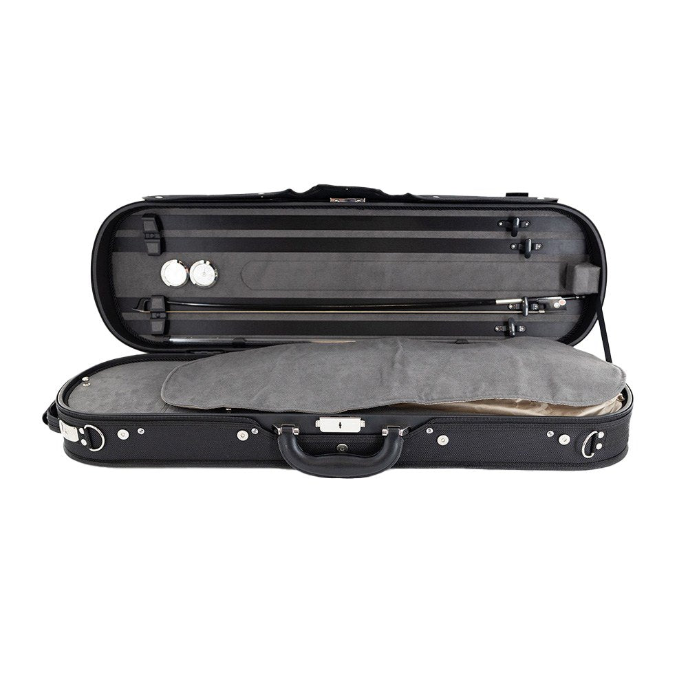 Lake City Oblong 4/4 Violin Case - Black with grey interior - violin sitting in side it wrapped in cloth and blanket