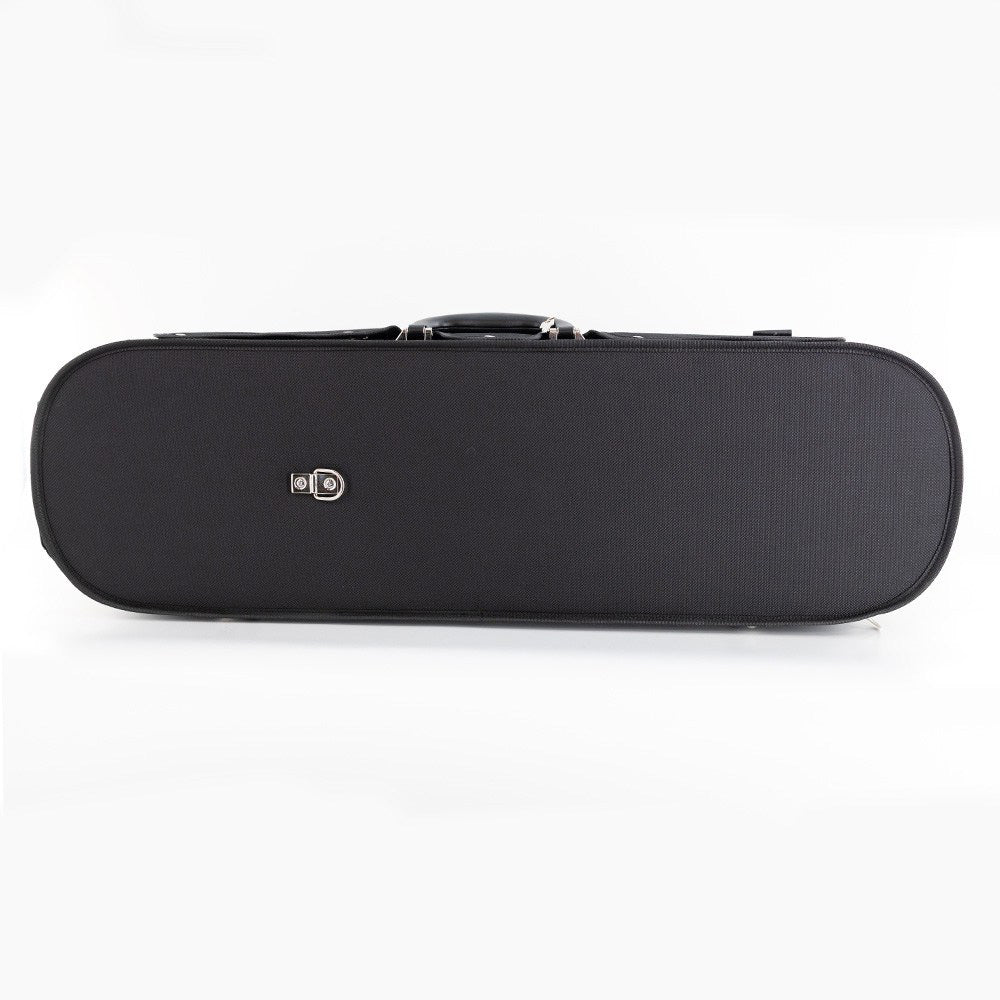 Lake City Oblong 4/4 Violin Case - Black with grey interior - vie wof back side with ring for strap attachment