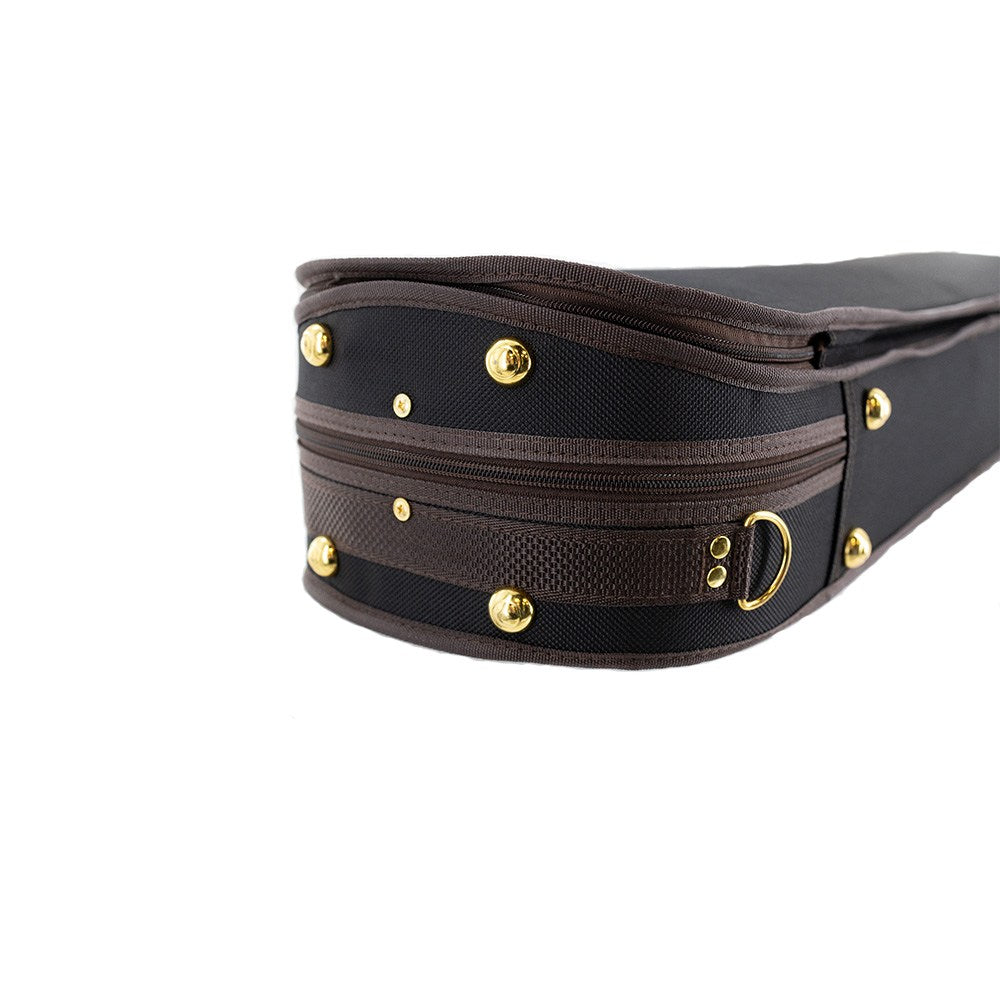 The Lake City Oblong full-size violin case the gold colored protective buttons on the bottom exterior