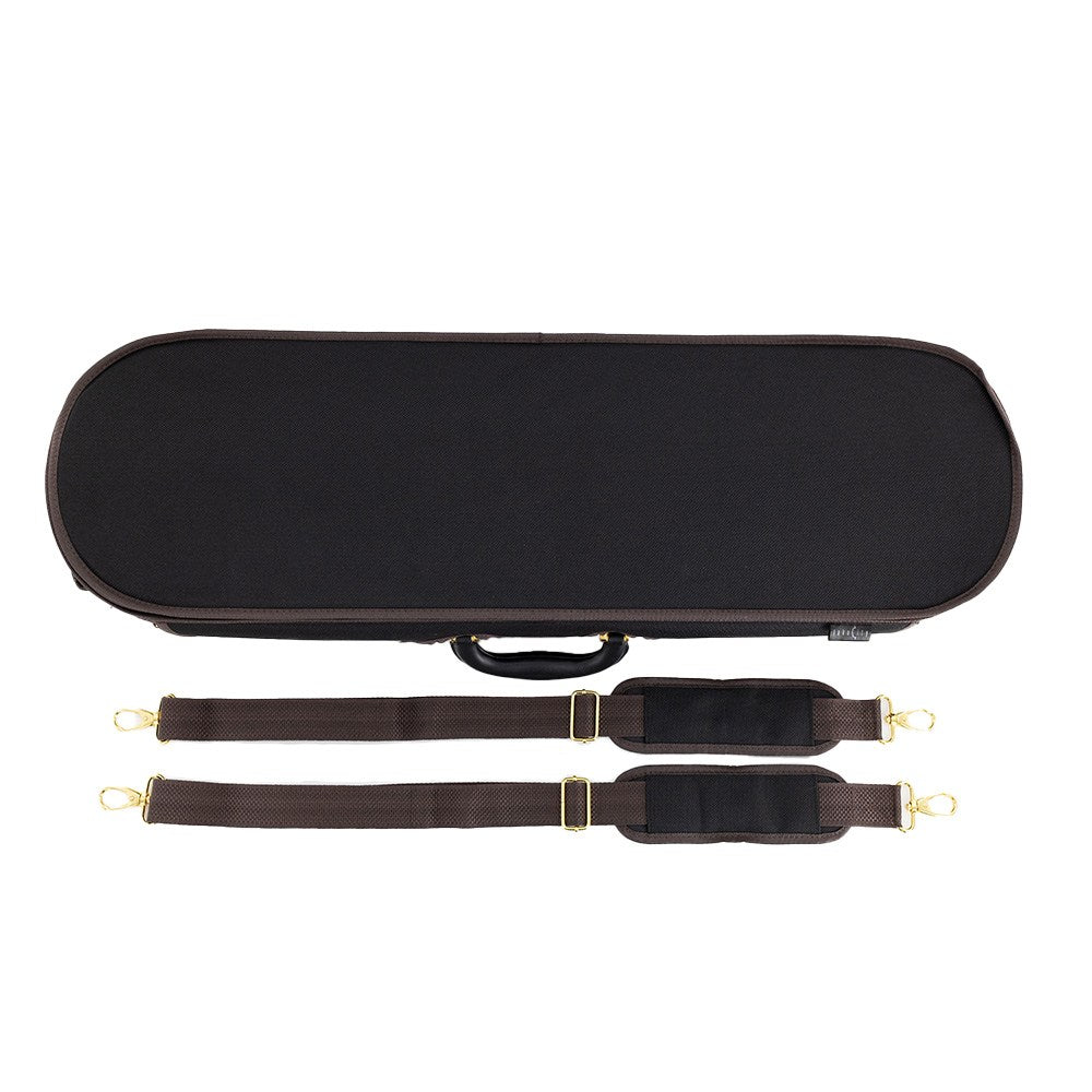 The Lake City Oblong full-size violin case - an arial view of the case with the included shoulder straps laid out next to it