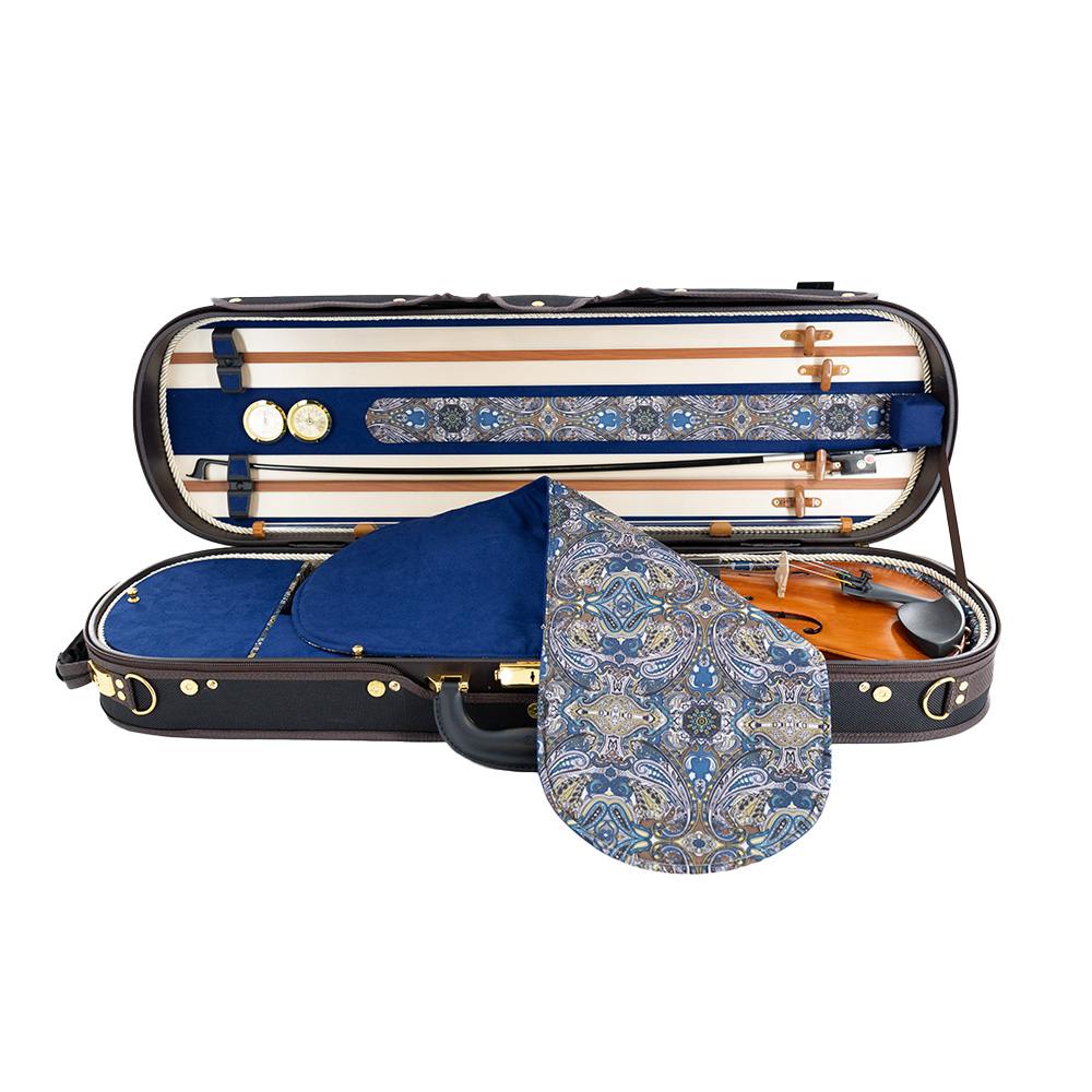 The Lake City Oblong full-size violin case with a violin in it and the blue and paisley blanket cloth partially covering the violin