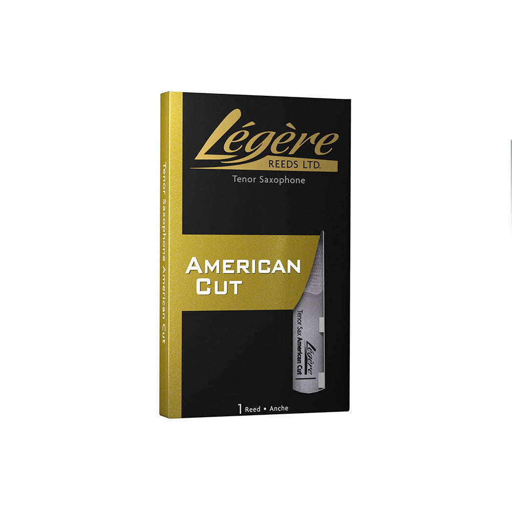 A Legere American Cut tenor saxophone reed in its packaging and one in its carrying case