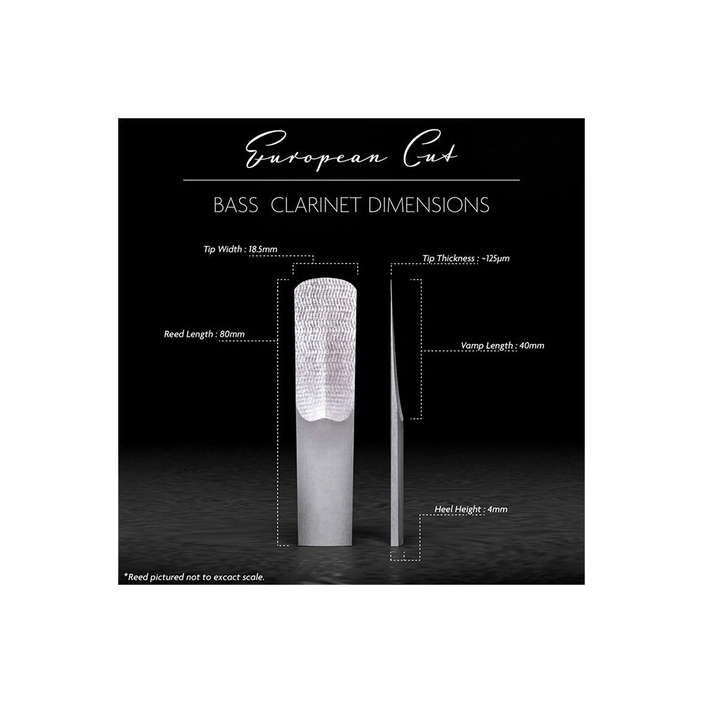 A diagram of the Legere European Cut synthetic bass clarinet reed with its dimensions indicated