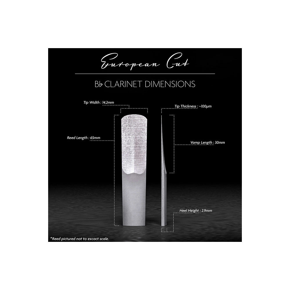A diagram of the Legere European Cut synthetic Bb Clarinet reed with its dimensions indicated