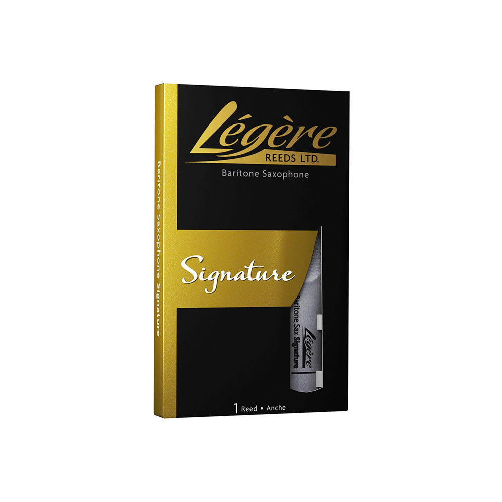 A Legere Signature baritone saxophone reed in its packaging and one in its carrying case