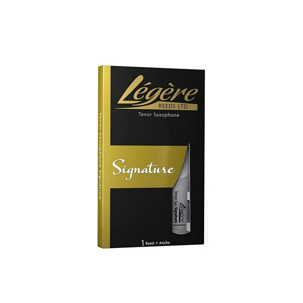 A Legere Signature tenor saxophone reed in its packaging and one in its carrying case