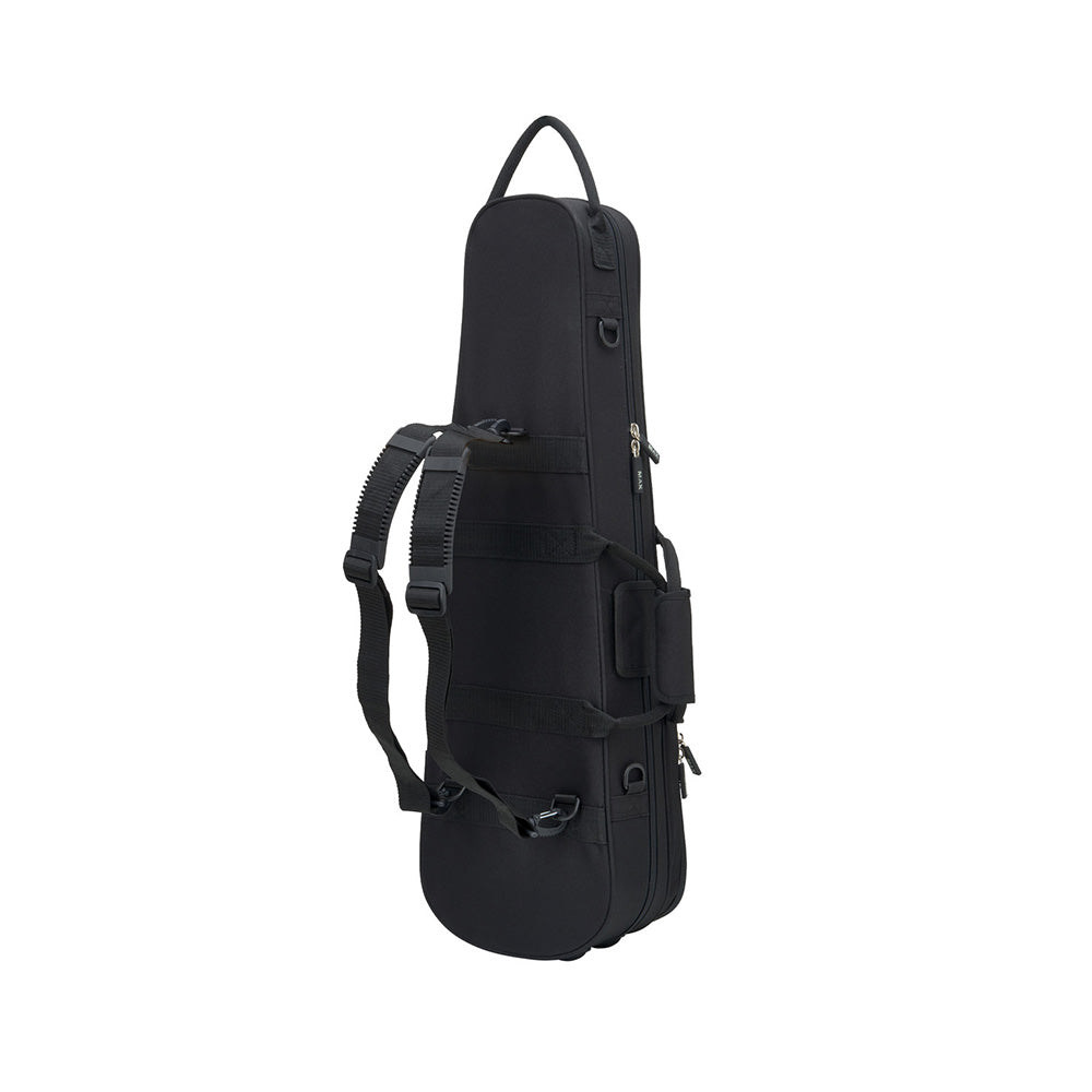 The Protec MX044 Max, Shaped 4/4 violin case - standing upright with the backpack straps attached
