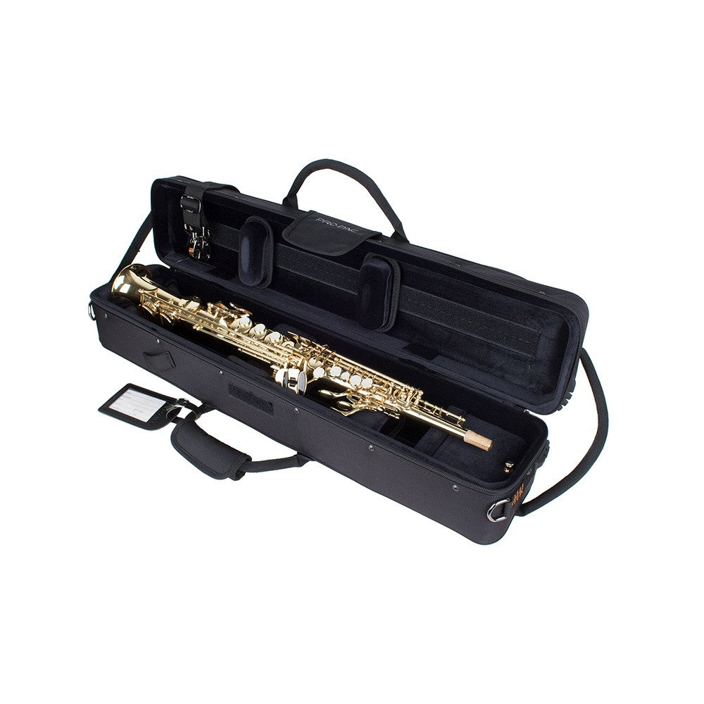 The Protec Propac PB310 straight soprano saxophone case sitting open with a soprano saxophone inside