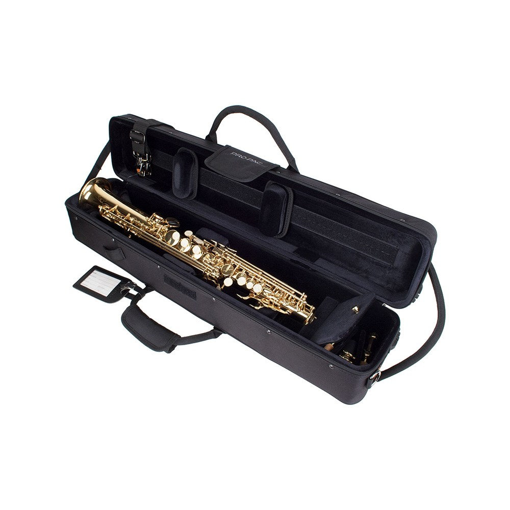 The Protec Propac PB310 straight soprano saxophone case sitting open with a soprano saxophone inside and the neck piece off and stored in the neck piece pocket