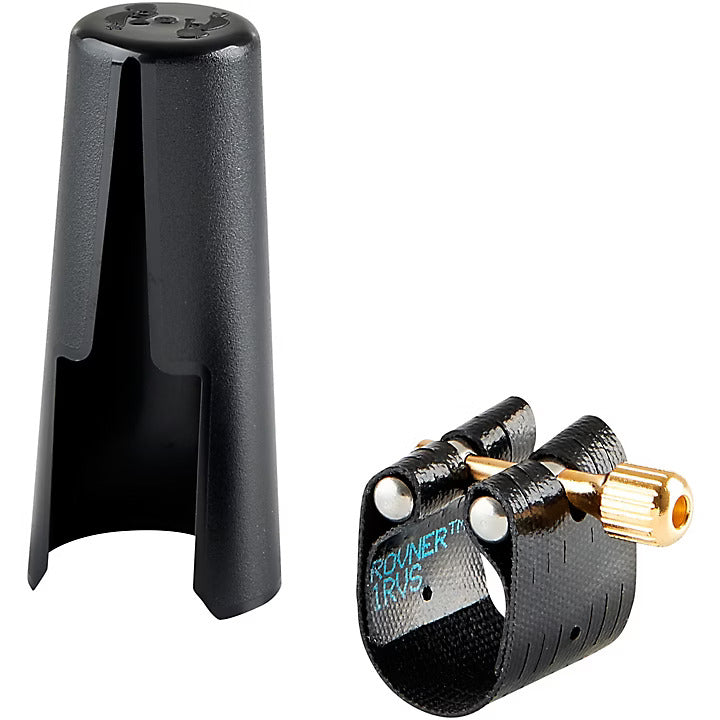 The Rovner Dark 1RVS soprano saxophone ligature and the included black plastic mouthpiece cap