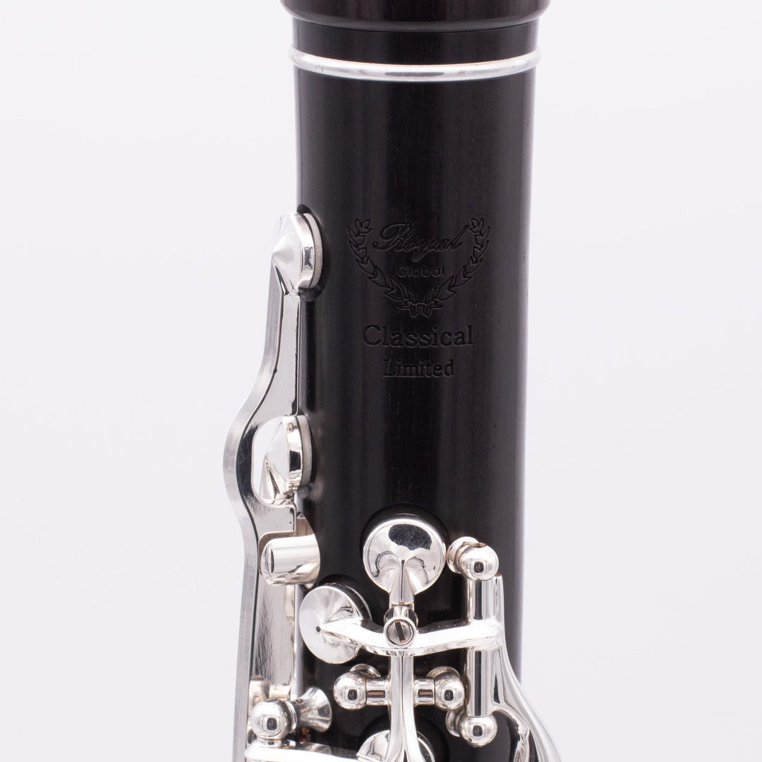The Royal Global Classical Limited Bb and A Clarinets - close up of front engraved insignia