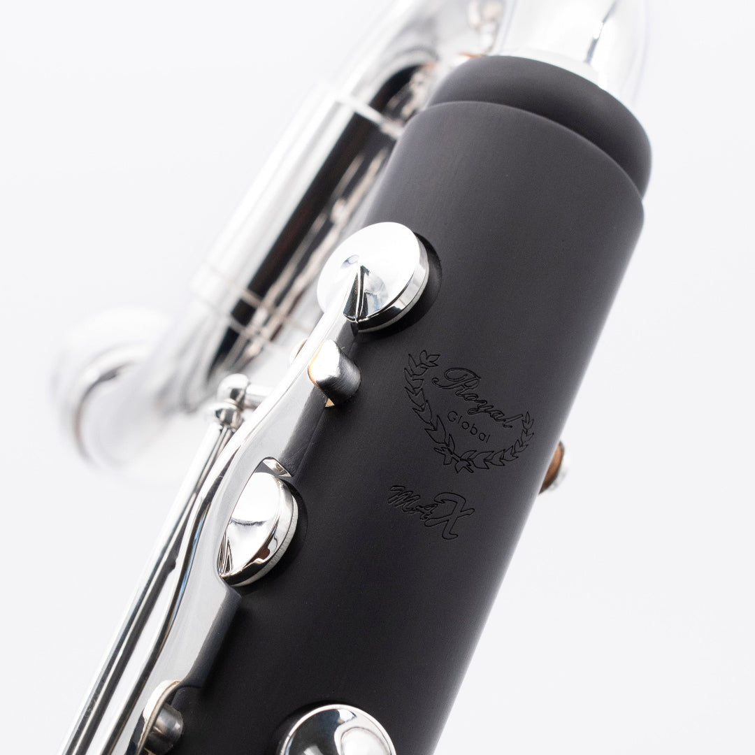 Royal Global Max Low C Bass Clarinet - close up of the brand insignia on the upper joint