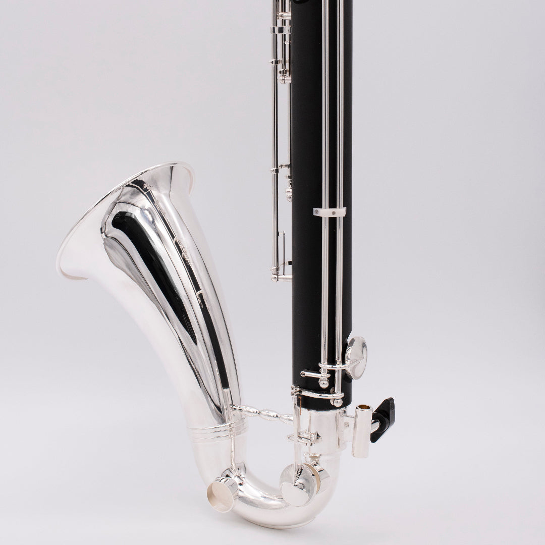 Royal Global Max Low C Bass Clarinet - close up of bell and lower joint seen from the side