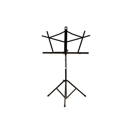 Black Schmitt Music folding music stand standing upright with its facing support flared open