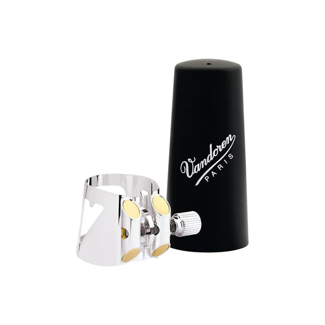 The Vandoren Optimum Silverplated Bass Clarinet ligature next the included black plastic mouthpiece cap