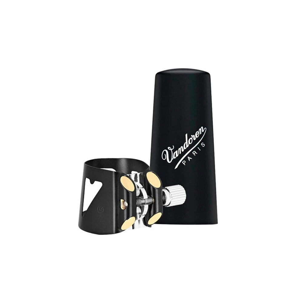 The black Vandoren Optimum clarinet ligature with mouthpiece cap