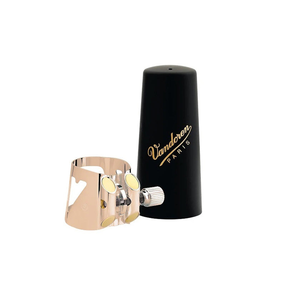 The pink gold Vandoren Optimum clarinet ligature with mouthpiece cap